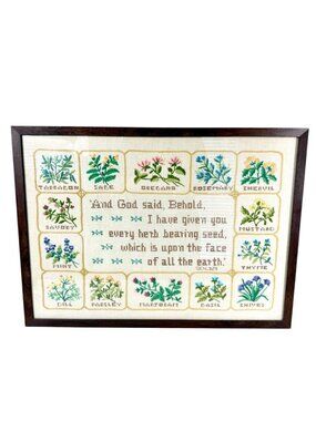 Botanical Herbs Flowers Crewel Needlepoint Genesis 1:29 Framed Art